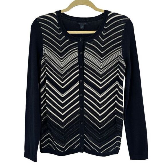 Tommy Hilfiger Navy Blue White Chevron Stripe Cardigan Sweater Small NWT - Picture 1 of 7